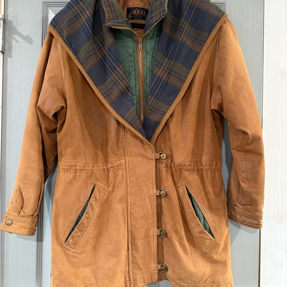 Brown and Blue Plaid Women's Leather Jacket - Picture 2 of 5